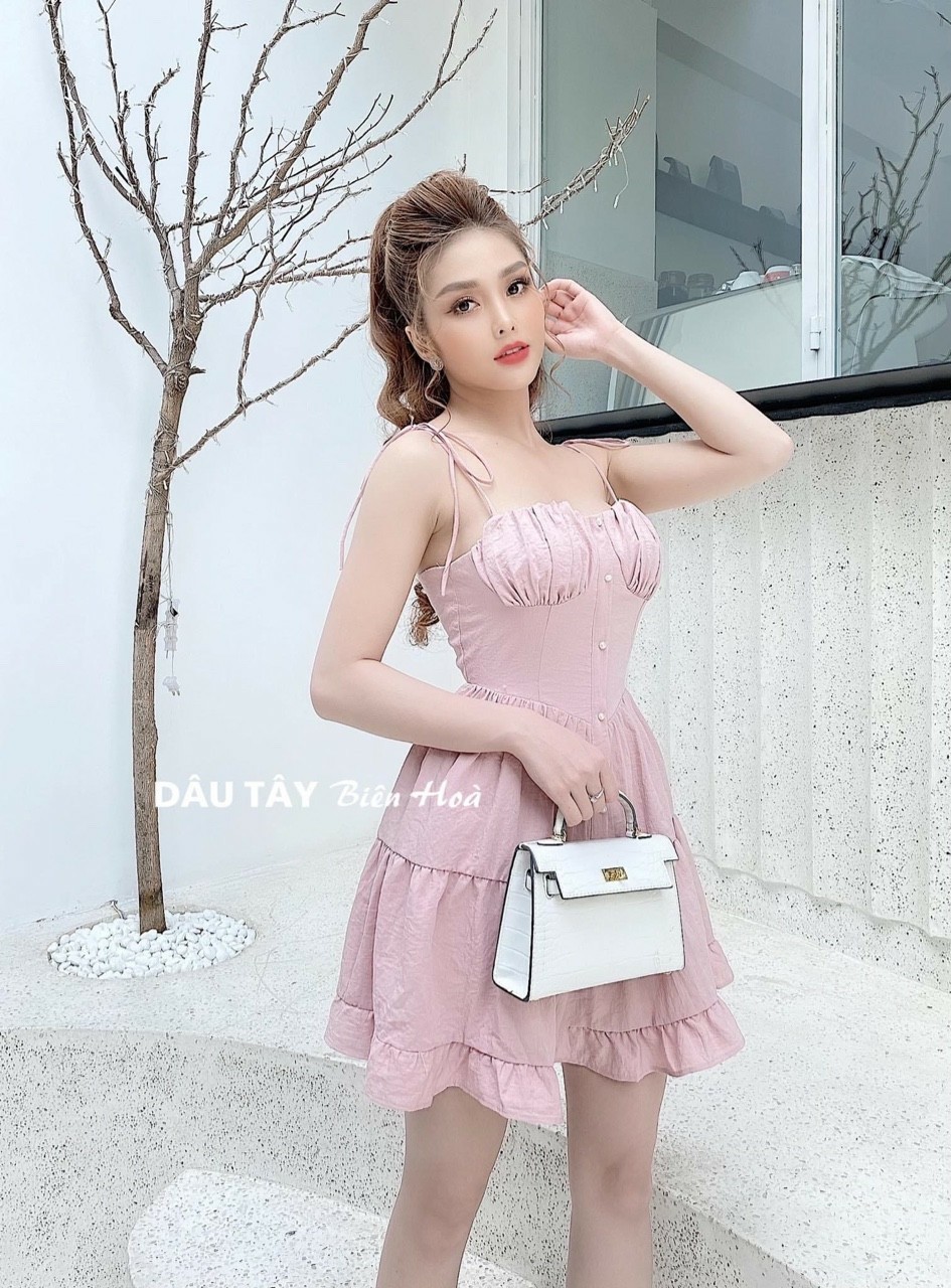 [HCM]Đầm 2 dây cột vai đính nút siêu xinh