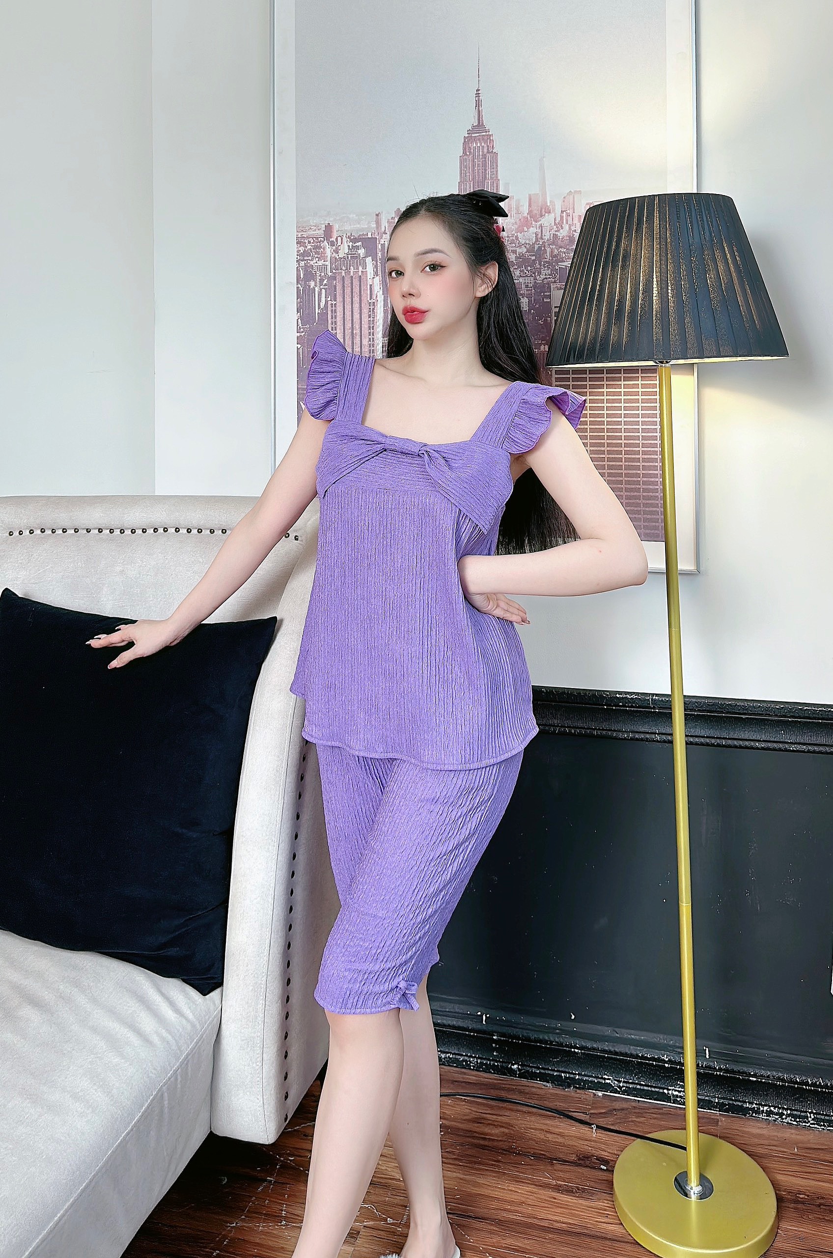 Đồ Bộ Pijama lửng kiểu dập ly quần có túi vải xốp nhật không nhăn Freesize 40-58kg