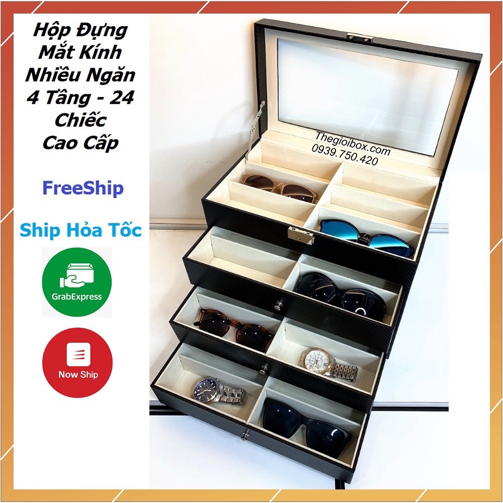 Hộp Tủ Đựng Mắt Kính 4 Tầng - 24 Chiếc Vỏ Da Carbon