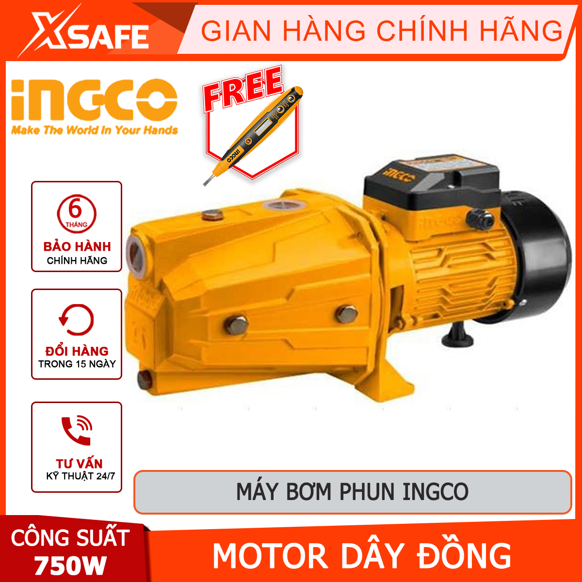 Injection pump 750W ingco JP07508, water pump with maximum pumping height 51m, the suction deep 9M, voltage: 220-240V ~ 50Hz water pump irrigation, clean Water for high-rise