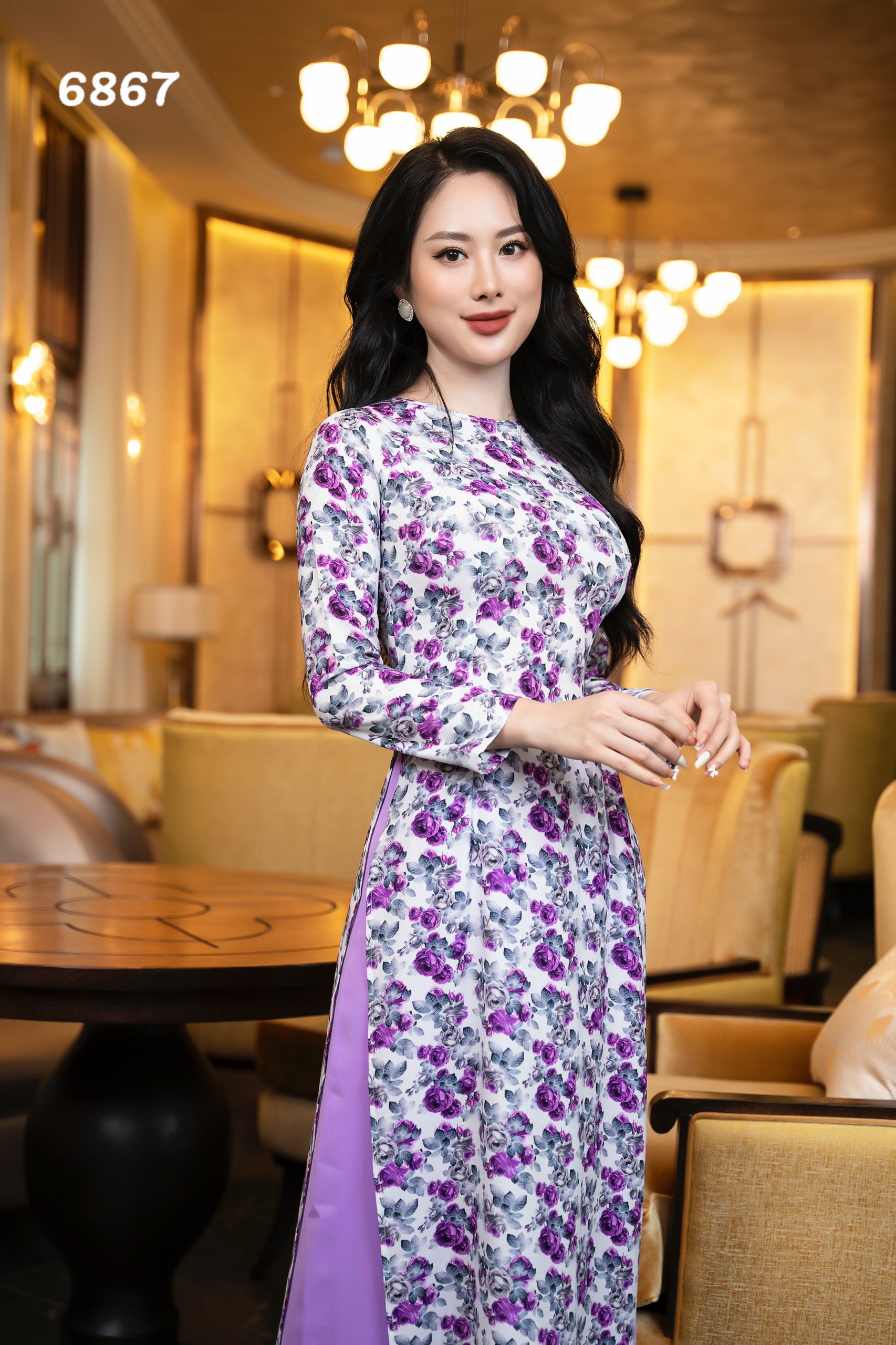 EM6867 Áo Dài Tím Cổ Tròn