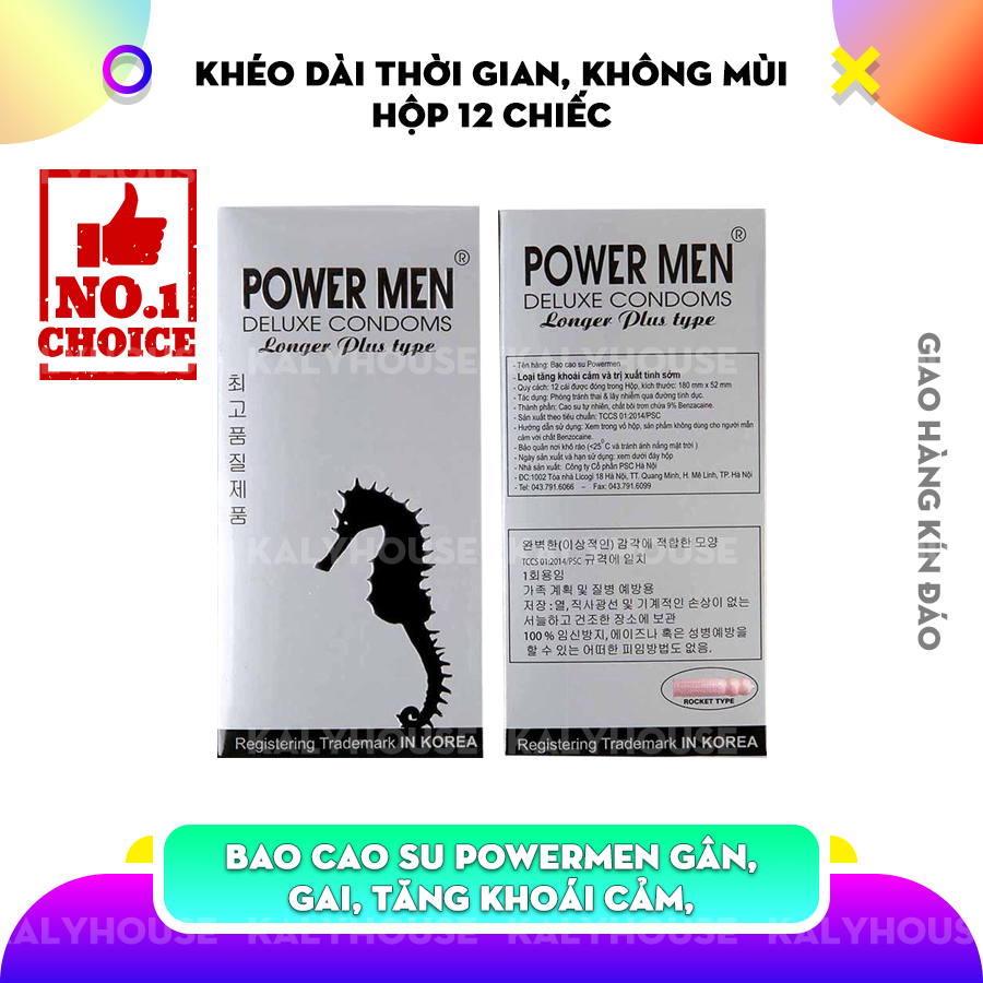 Bao cao su Cao Cấp Powermen Gân, Gai, Tăng khoái cảm, Kéo dài thời gian, Không mùi, Từ Kalyhouse