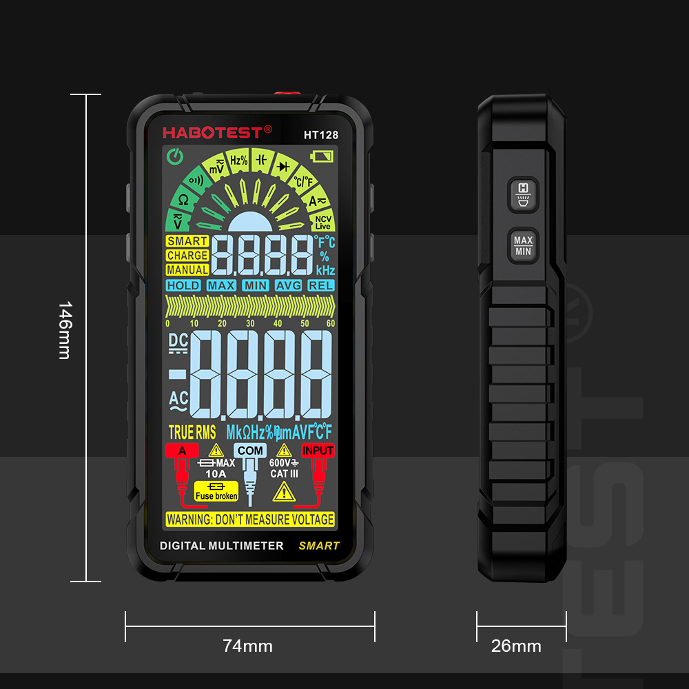 HABOTEST HT128 Digital Multimeter 6000 Counts Smart Measurement Auto-Ranging Voltmeter Voltage Tester with Non-Contact Voltage Function Measures AC/DC Voltage AC/DC Current Resistance Capactiance