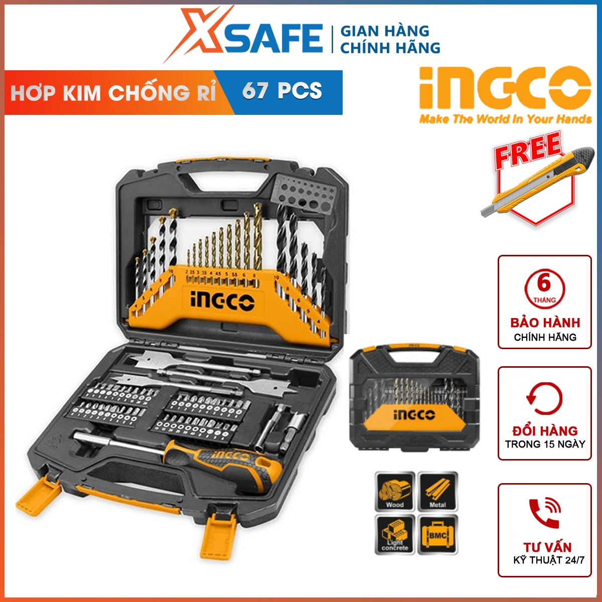 Set of hand tools 67 dish ingco HKTAC010671 consists of 20 concrete drill bits, 40 nose squeeze screw, 1 coupling, 1 screw drill, screw, open the stud, nut
