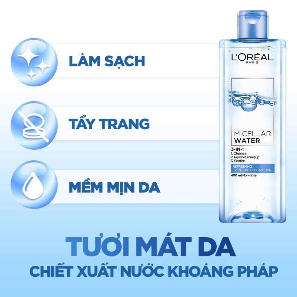 Nước tẩy trang LOreal Refreshing XANH NHẠT tươi mát cho da nhạy cảm - LOreal Paris 3-in-1 Micellar Water 400ml