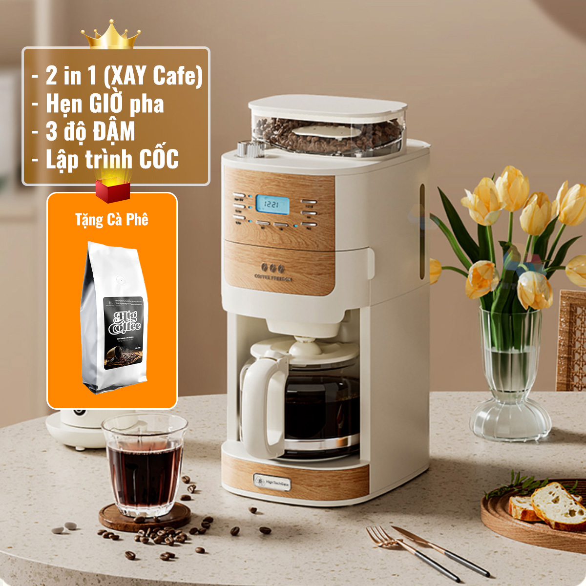 Máy Pha Cà Phê CF06 Tự Động Vừa Xay, Vừa Pha 2 Trong 1, Từ 2-12 Cốc/Lần, Hẹn Giờ Pha Thông Minh, Cối Xay Cafe Lưỡi Nón Độ Đồng Nhất Cao, Hàng Chính Hãng