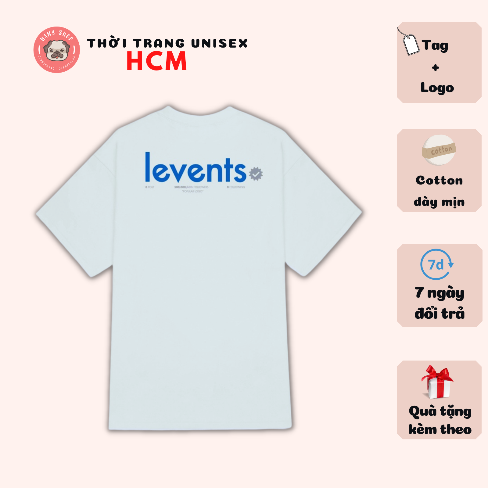 Áo thun Levents Popular Logo màu trắng phong cách unisex nam nữ cho người từ 40kg đến 90kg chất vải cotton dày mịn có đầy đủ tag Thời trang Unisex HCM AL157