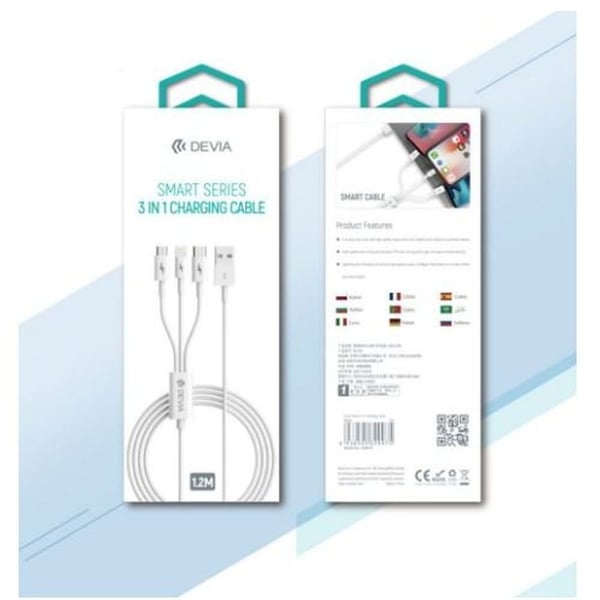 Cáp 3 đầu Devia Smart Series 3 In 1 Micro, Type-C, Lightning - Màu trắng
