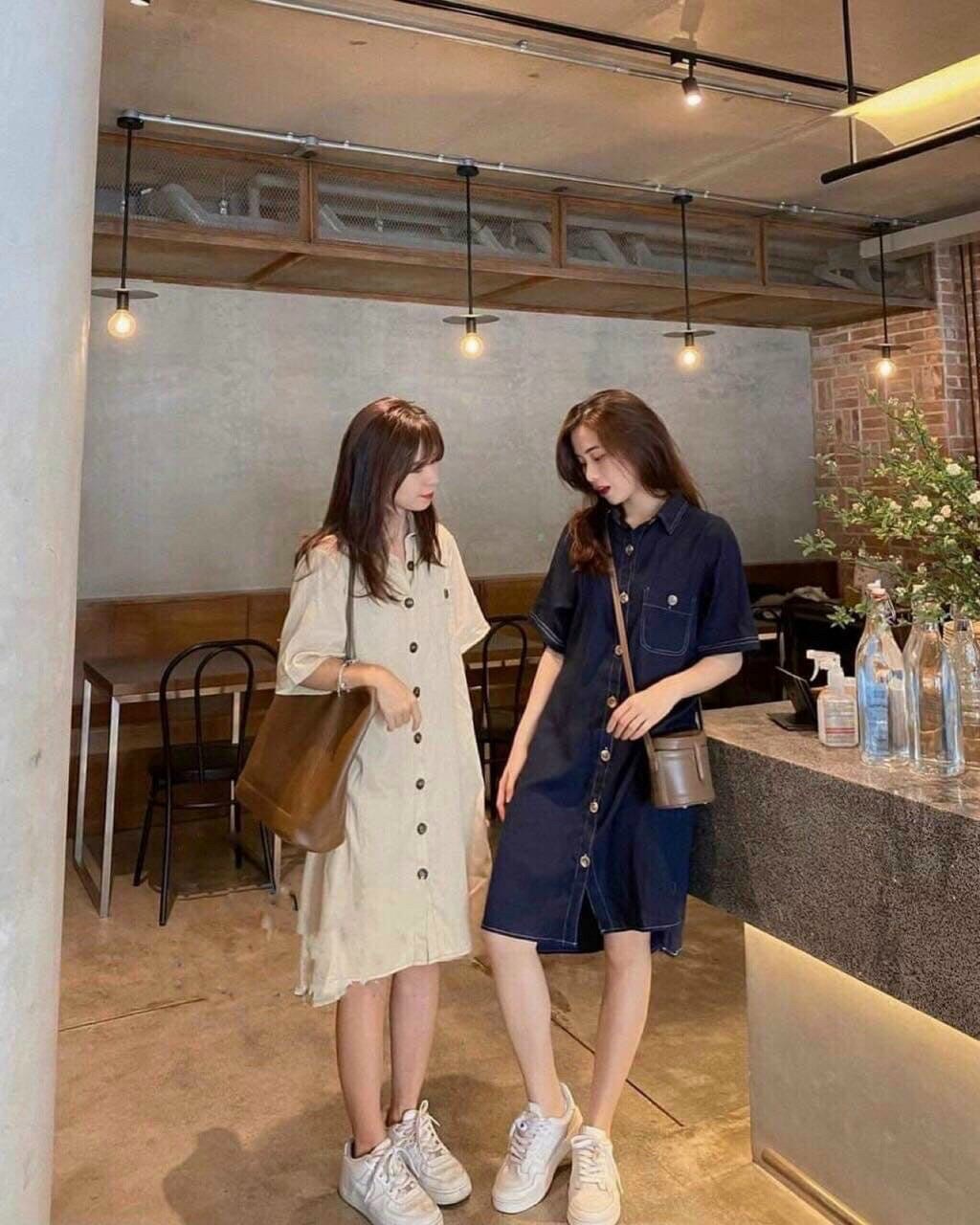 Đầm sơ mi lệch tà viền chỉ 3 màu