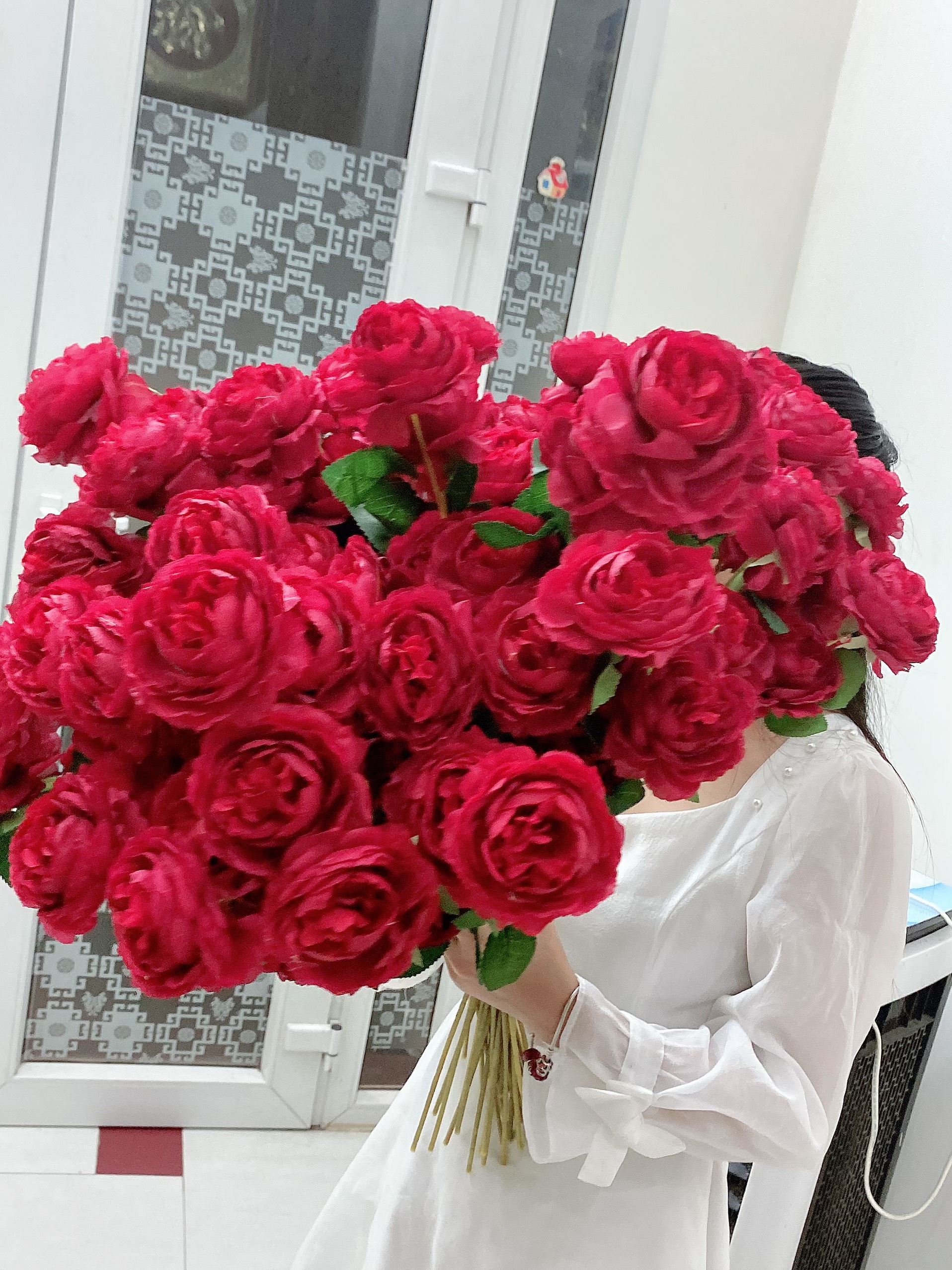 Hoa mẫu đơn cành lớn 3 bông, hoa giả nhân tạo