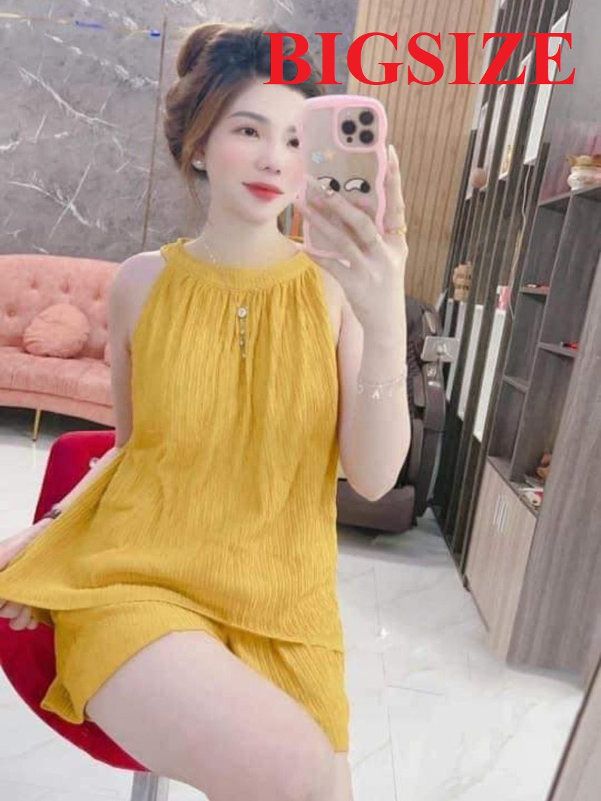 Bộ đồ ngắn kiểu cổ yếm vải đũi xốp nhật mềm mại - size l dưới 57kg, xl 57-68 kg - đồ bộ mặc nhà cổ yếm hottrend xinh xắn - nguyên khánh store