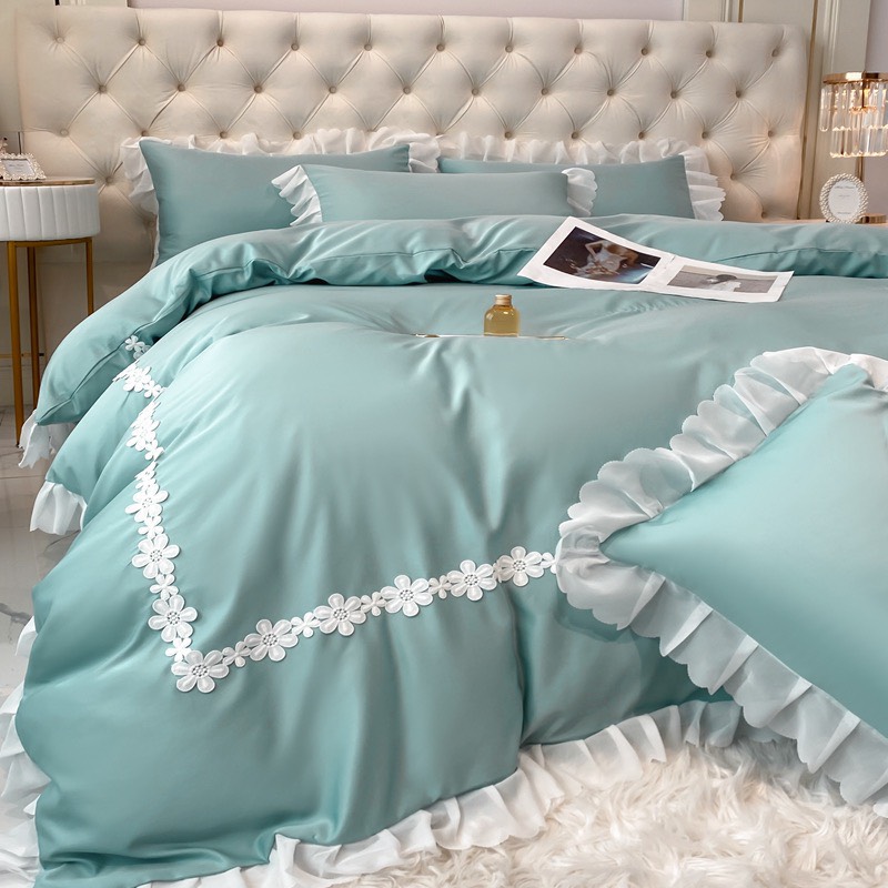 (❤GIÁ CỰC RẺ ) Bộ Vỏ Chăn Ga Gối Phi Lụa Phối Viền Bèo Ren Nhập Khẩu Set 4 Món