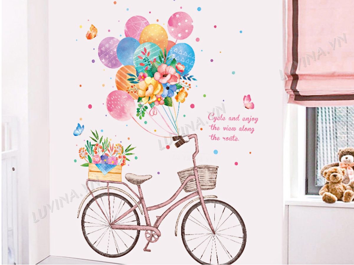 Decal tranh dán tường xe đạp bóng bay