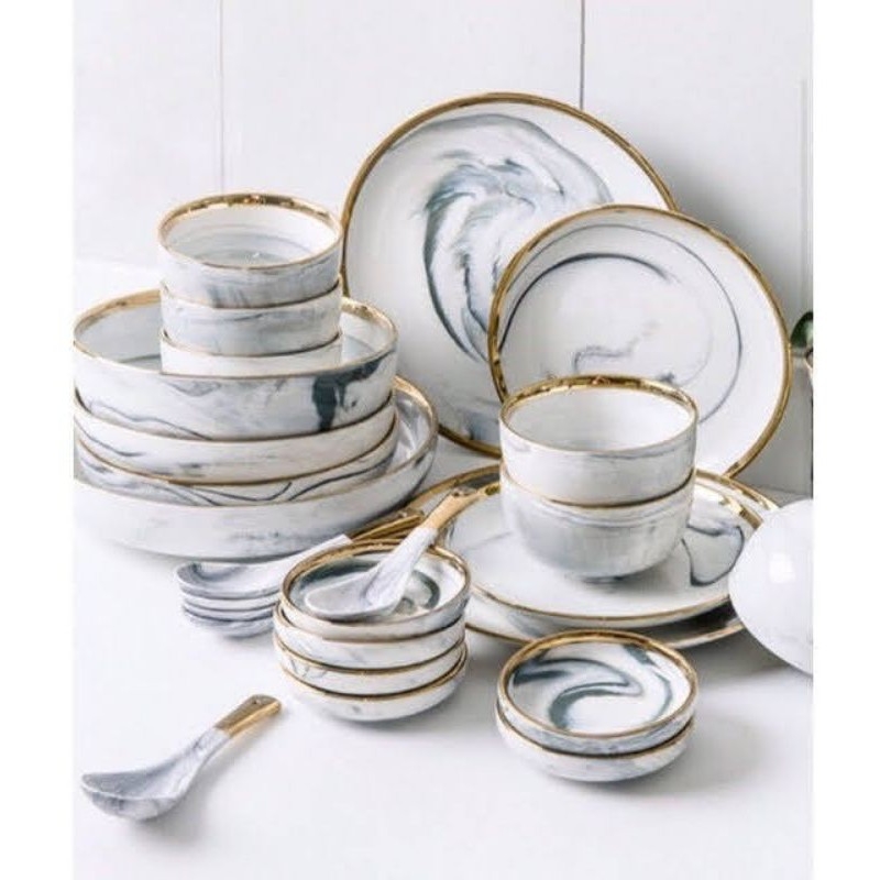 Bộ bát đĩa (32 MÓN) GHI VÂN ĐÁ tặng kèm ĐŨA CAO CẤP Hàn Quốc