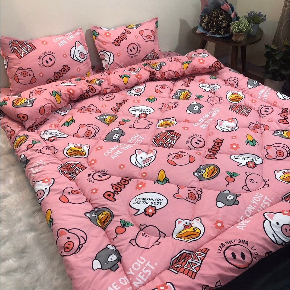 Set 4 Chăn Phao Cotton Poly LỢN HỒNG đáng yêu,dễ thương