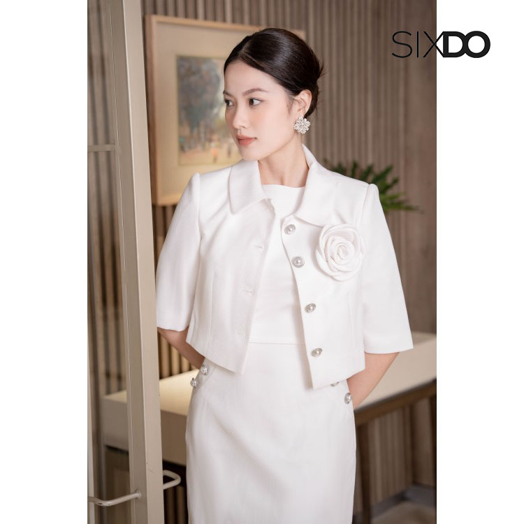 Đầm ôm woven thanh lịch phối cúc ngọc SIXDO (Split-back Midi Woven Dress)