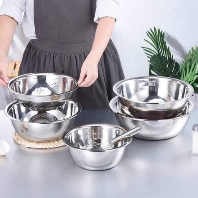 Set 5 Món Rổ Và Thau Inox Cao Cấp