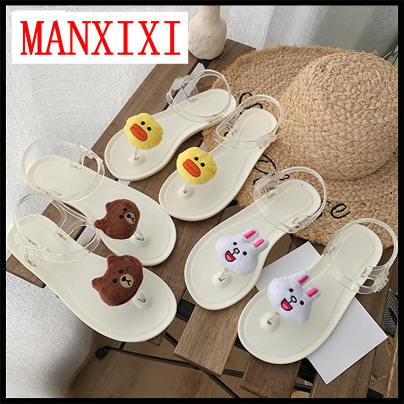 MANXIXI Brand Fashion Jelly Flat Sandals Beautiful Bear Duck Rabbit Inlay White Shoes For Women (35-40 Size)