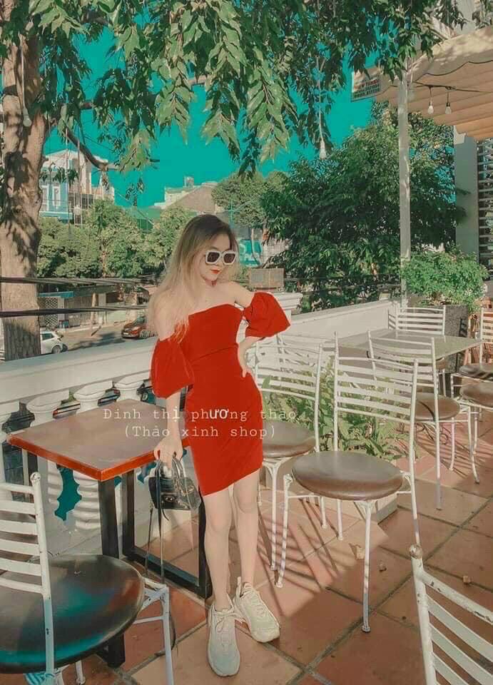 ĐẦM ĐỎ CÚP NGỰC RỚT VAI TAY PHỒNG