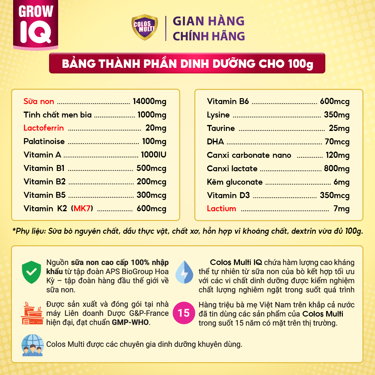 Sữa non Colosmulti Grow IQ phát triển chiều cao và trí thông minh cho trẻ hộp 2 gói x 16g