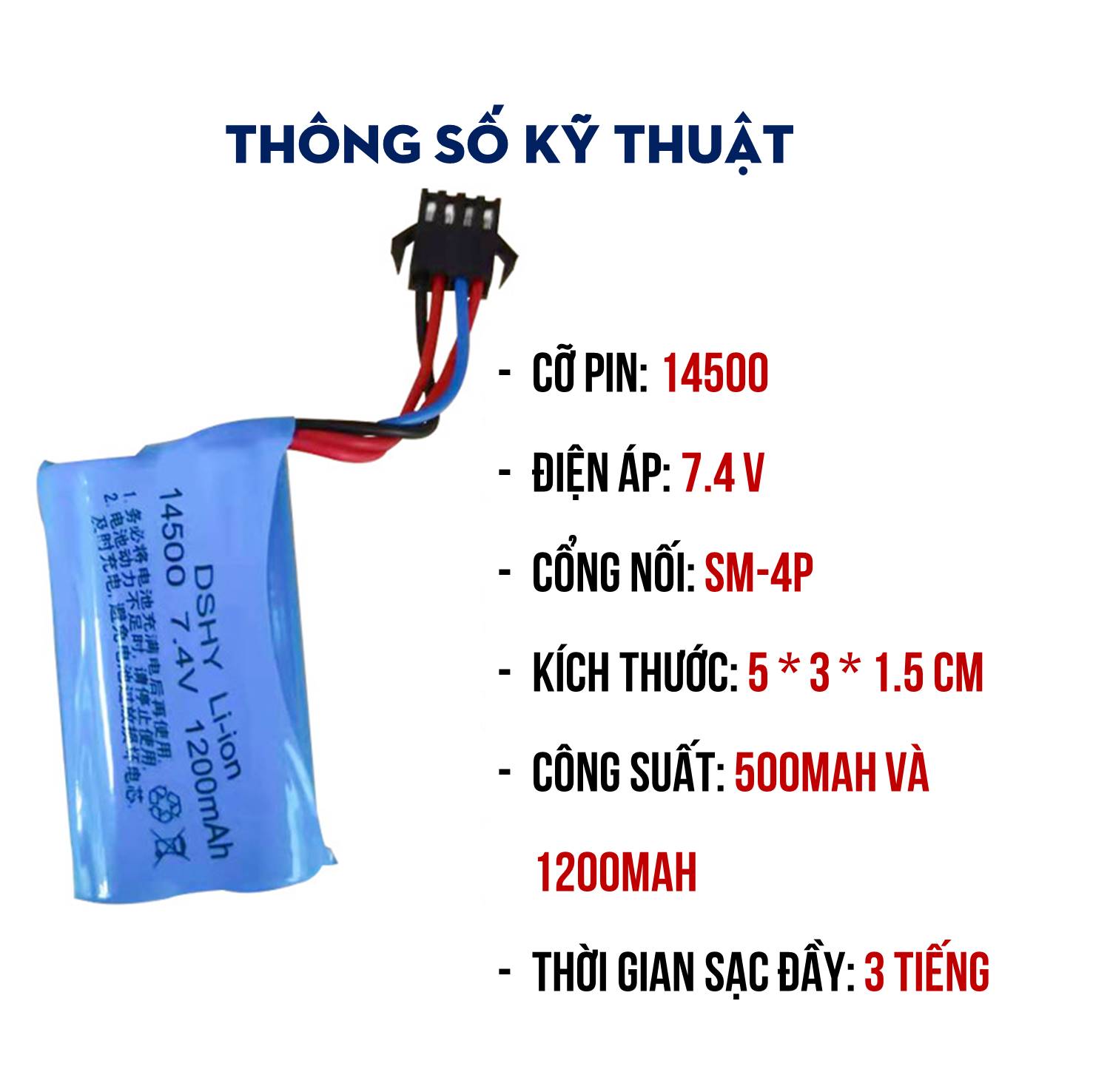 Pin Sạc Lithium 7.4V Cổng SM-4P 14500