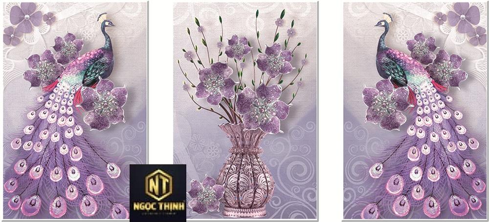 Tranh đính đá Phu thê viên mãn bộ 3 công và hoa màu tím siêu sang VS500 KT:155x75cm