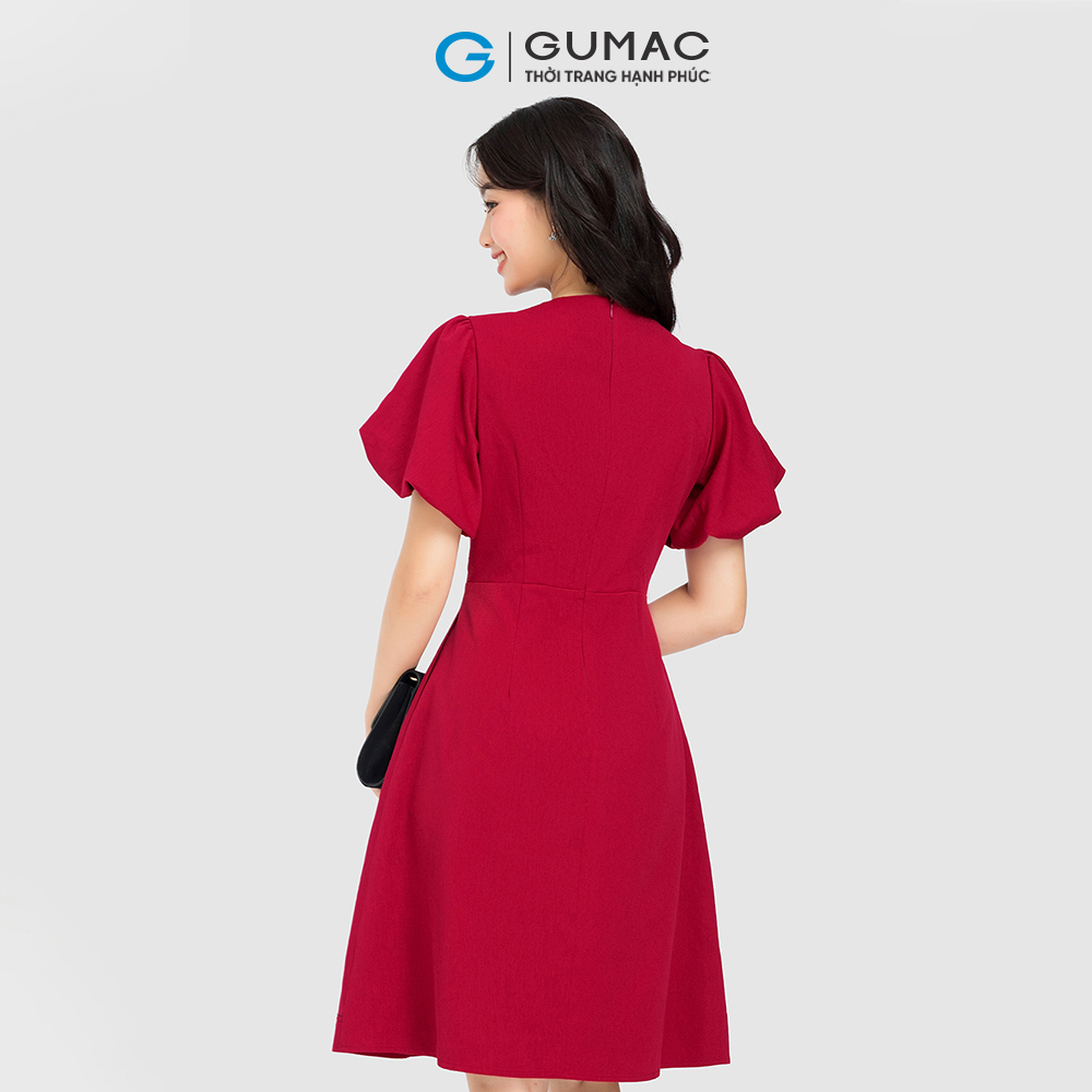Đầm form A GUMAC, đầm nơ cổ phối chỉ DC08037
