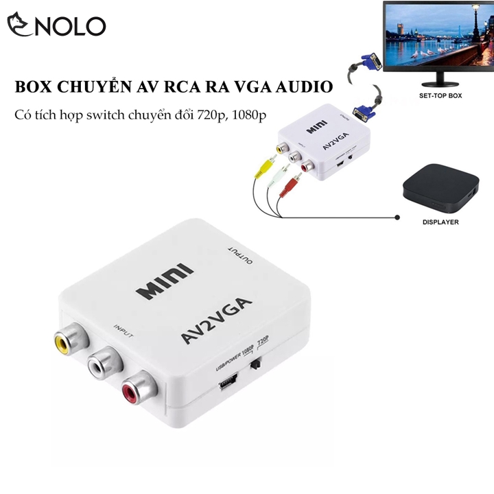Nldeal [HCM]Bộ Box Chuyển Đổi Tín Hiệu AV RCA ra VGA Audio CVSB Model AV2VGA Hỗ Trợ Phân Giải FullHD 1080P Có Switch 720p và 1080p