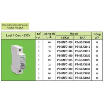 Cầu Dao Tự Động SINO MCB 1P (CB 1 tép) 4.5kA PS45N