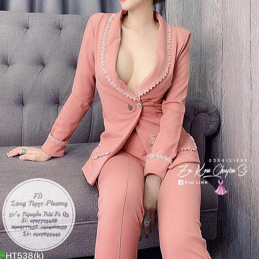 sét áo vest viền dây cột eo quần tây