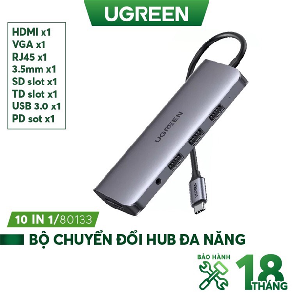 Ugreen 80133 10 in 1 gray color c to 3 x usb a 3.0 + 4k hdmi + 1080p vga + rj45 lan gigabit + sd-tf card reader + 3.5mm aux audio + 65w pd power