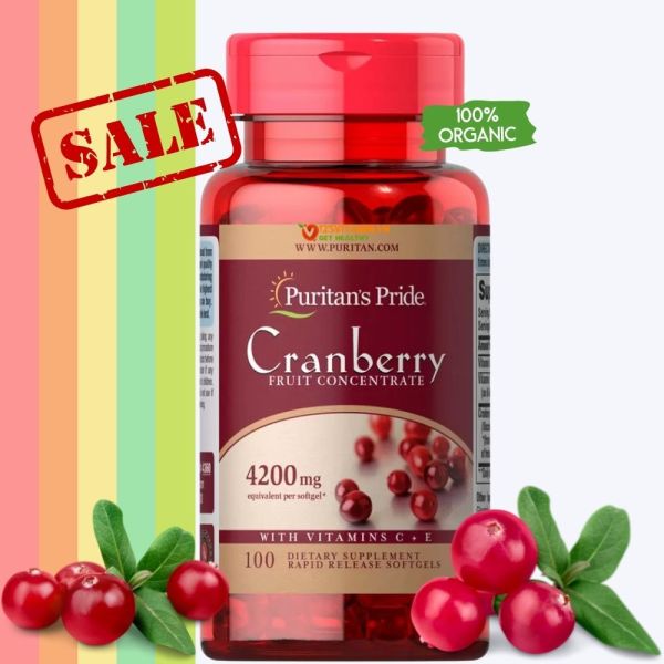 Viên uống giảm viêm đường tiết niệu, giảm tiểu dắt, chống oxy hóa Puritans Pride Natural Cranberry 100 viên 4200mg nhập khẩu