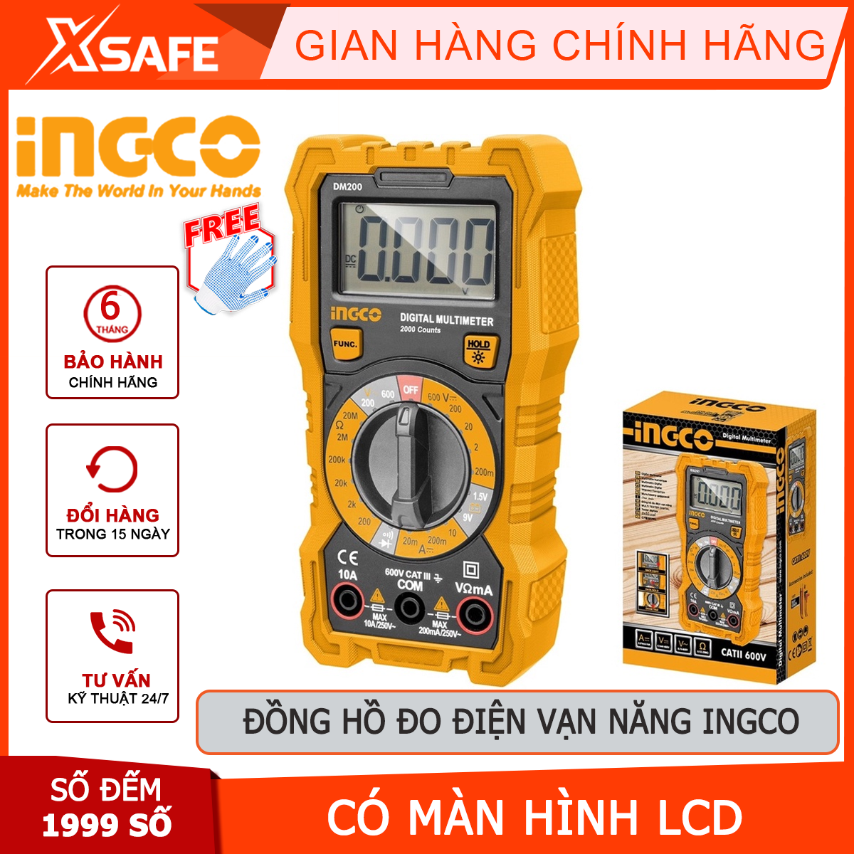 Đồng multimeter ingco DM200 | copper multimeter voltage DC 200mv/2V/20V/200V/600V voltage AC 200V/600V DC power line 200A/2ma/20mA/200mA/10A current-DC power, AC/DC voltage, resistance… [Genuine] [xsafe]