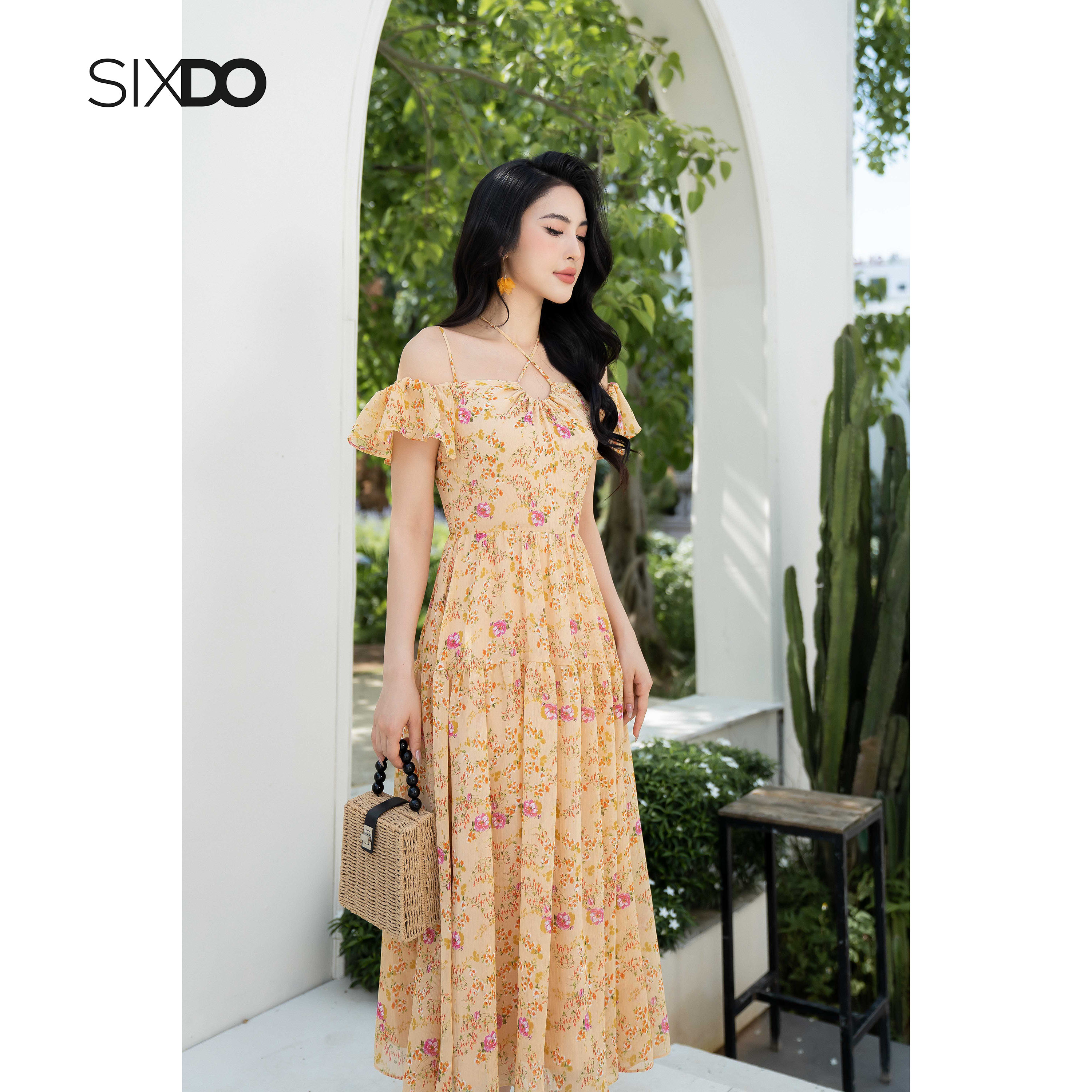 Đầm voan hoa trễ vai dây cổ SIXDO (Floral Midi Voile Dress)