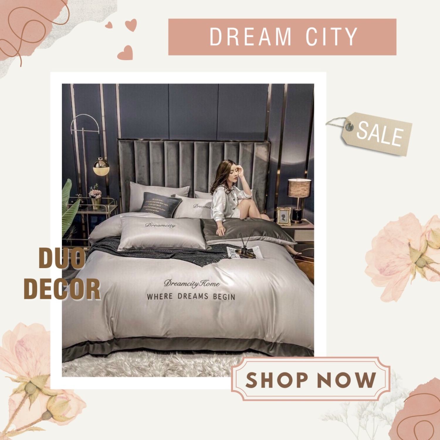 Chăn ga gối Duo Decor phi lụa set 4 món Dream City phối 2 màu ( có tặng vỏ ôm )