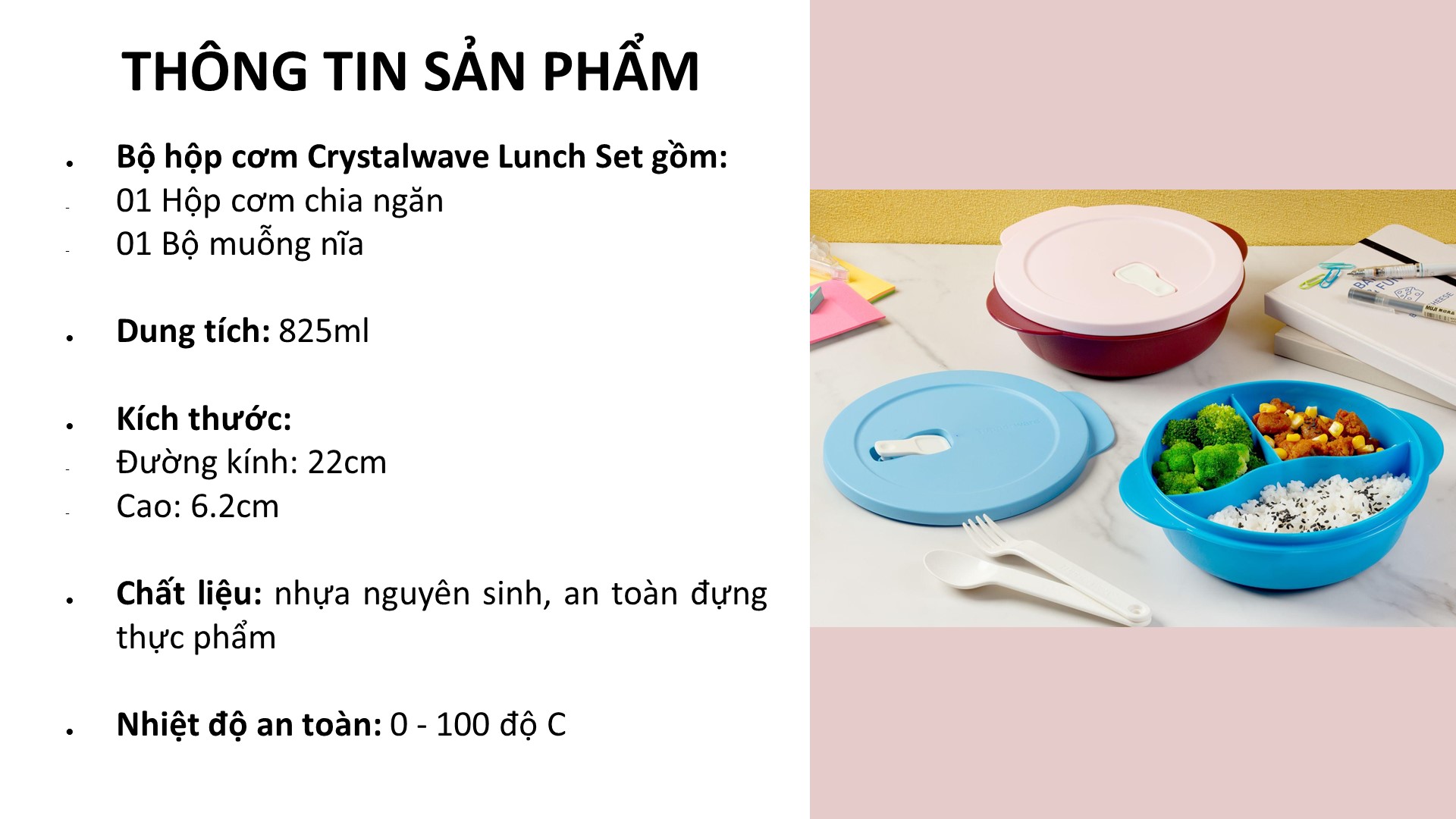 Bộ Hộp Cơm Chia Ngăn Tupperware Crystalwave Lunch Set (gồm túi xách, hộp cơm, muỗng nĩa)
