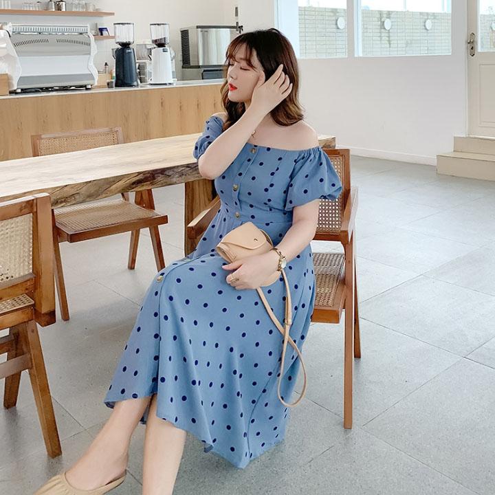 Đầm xòe chấm bi xanh