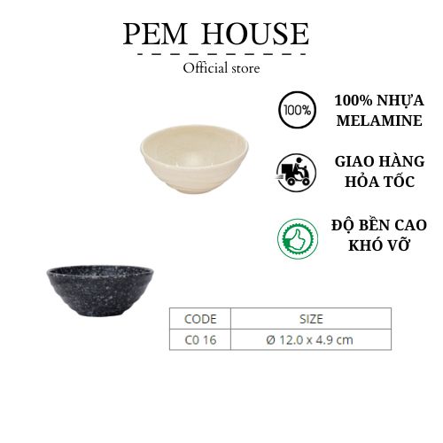 Chén Nhựa Cạn Vân Đá Đen/Kem- Co16VD