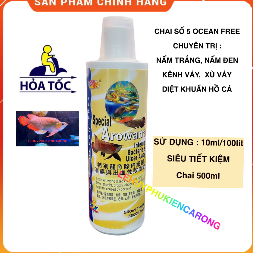 "Hoàn tiền đến 10%" Chai số 5 OCEAN FREE Nấm Đen Kênh Vảy và Diệt Khuẩn Cho Cá Rồng Chai 500ml Hàng Chính Hãng