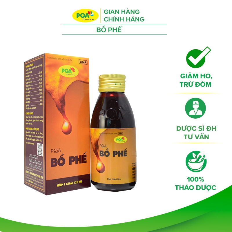 Bổ phế pqa giúp nhuận phế, tiêu đờm, giảm ho và đau rát họng kéo dài hộp 125ml