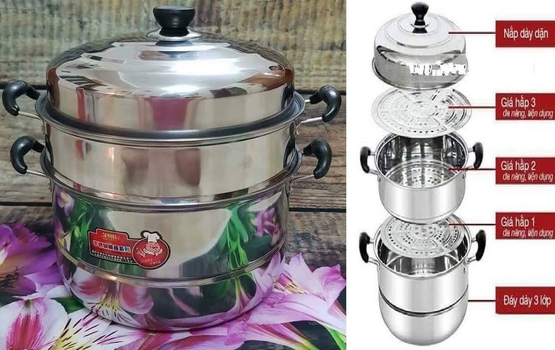 Nồi hấp xửng hấp cách thủy đa năng 2-3 tầng inox size 28cm - Nồi hấp xửng hấp kiêm nồi lẩu luộc gà inox 28cm