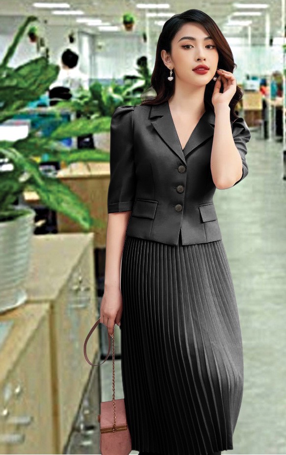 [HCM]SET CỔ VEST NÚT BỌC CHÂN VÁY DẬP LY