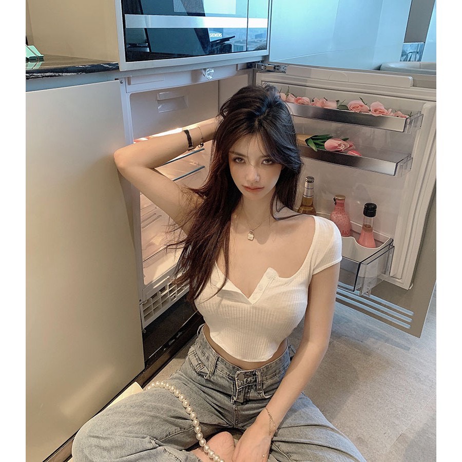 Áo Kiểu Croptop Dáng Ôm Vạt Bầu PINKSTORE29 Cổ Phối Cúc Cài A5152