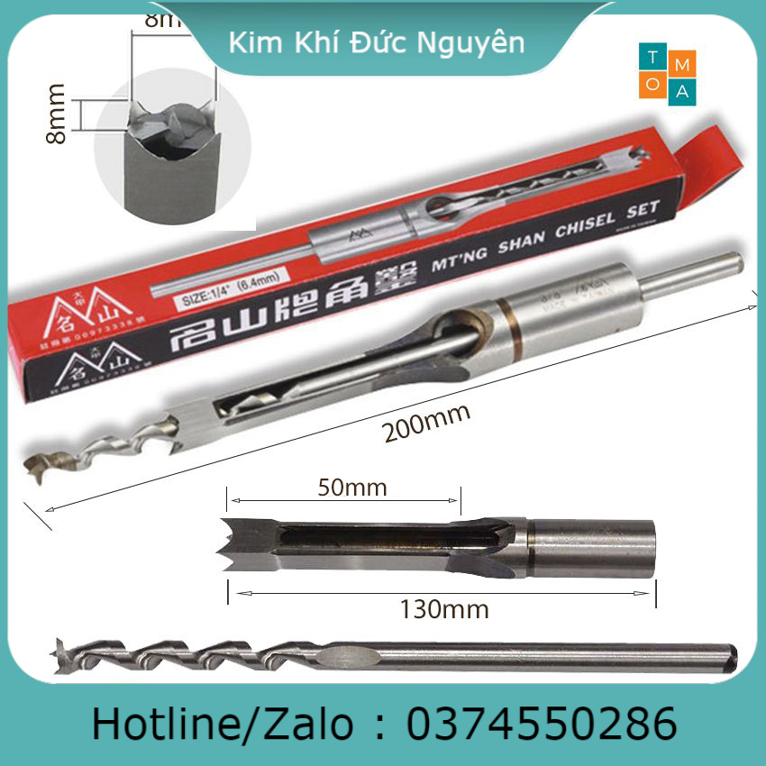 Mũi khoan gỗ đục mộng vuông đường kính 8mm đục sâu 50mm - phụ kiện dụng cụ dùng trong ngành mộc