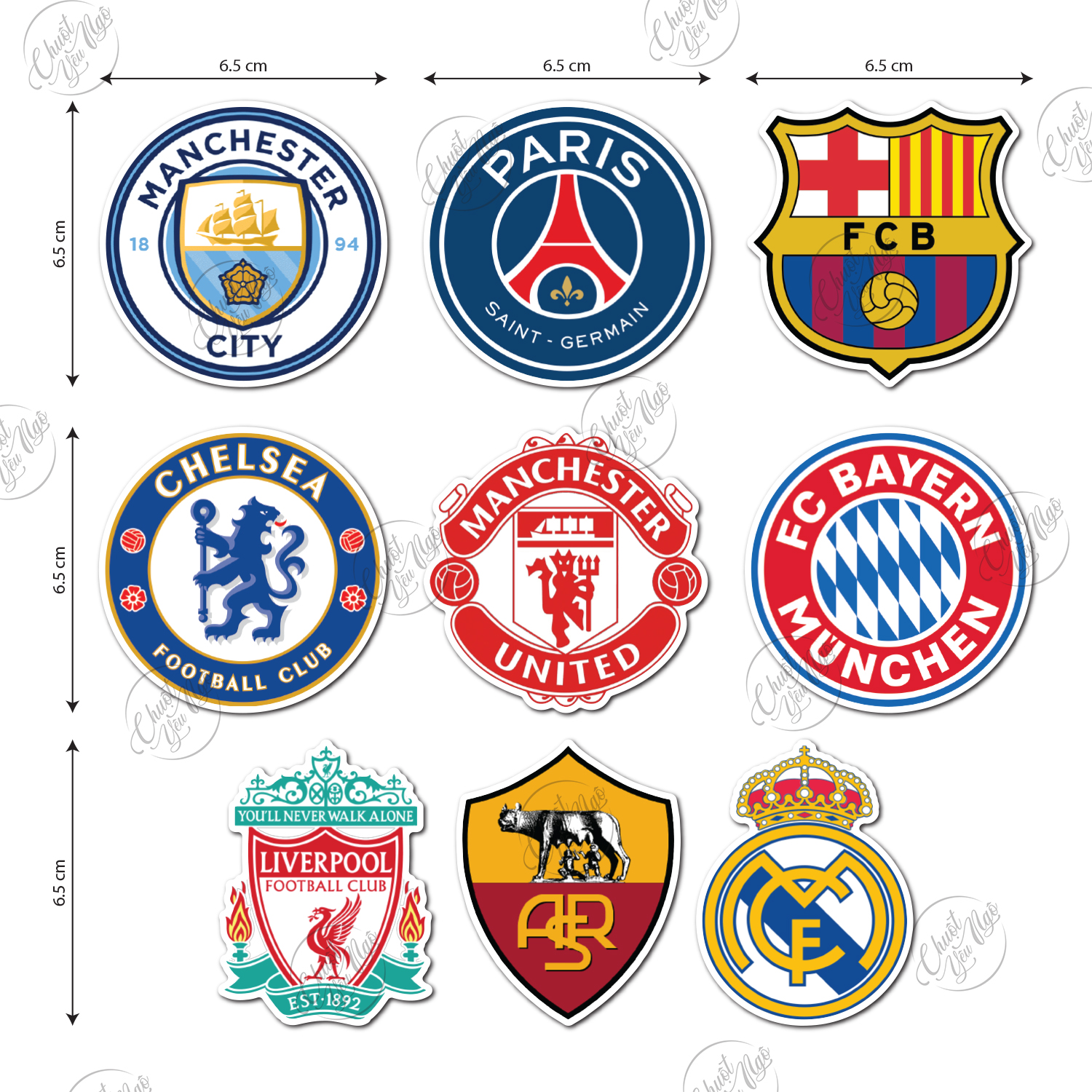Combo 40 sticker logo CLB BÓNG ĐÁ nổi tiếng Manchester United Real Madrid Barcelona Chelsea Arsenal Liverpool FC