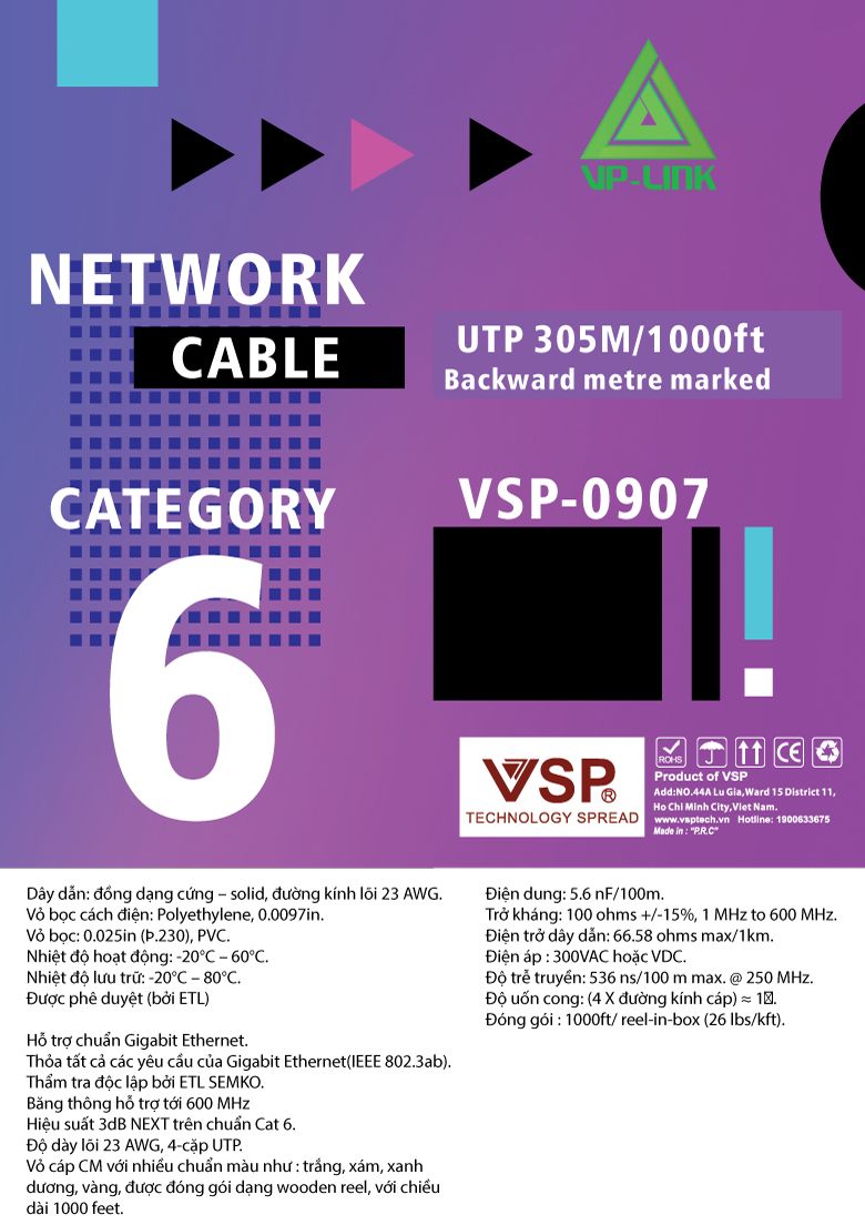 Cable LAN VISION 0907 UTP CAT6E (100m, Xanh dương, Lõi chữ thập) - Cáp mạng