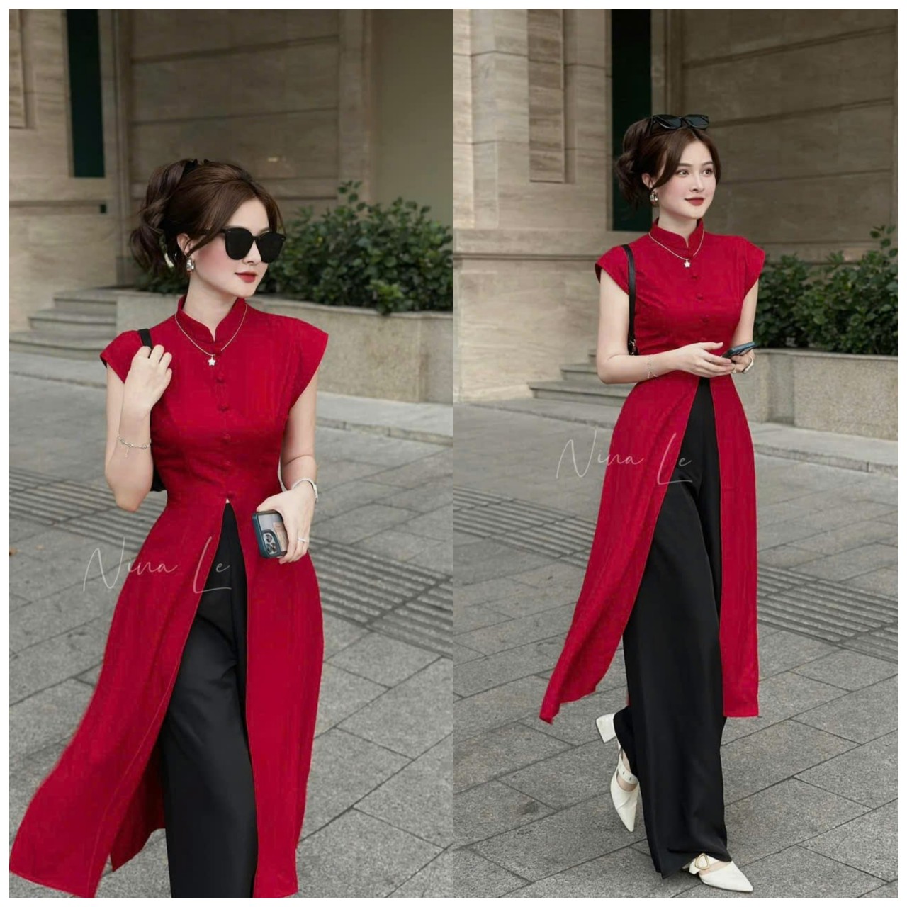 SÉT  ÁO DÀI BÀ BA NÚT BỌC TRẺ TRUNG TÔN DÁNG