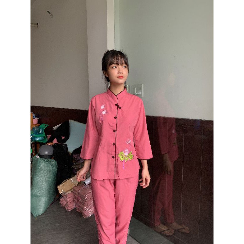 Đồ lam đi chùa  nữ  viền nơ