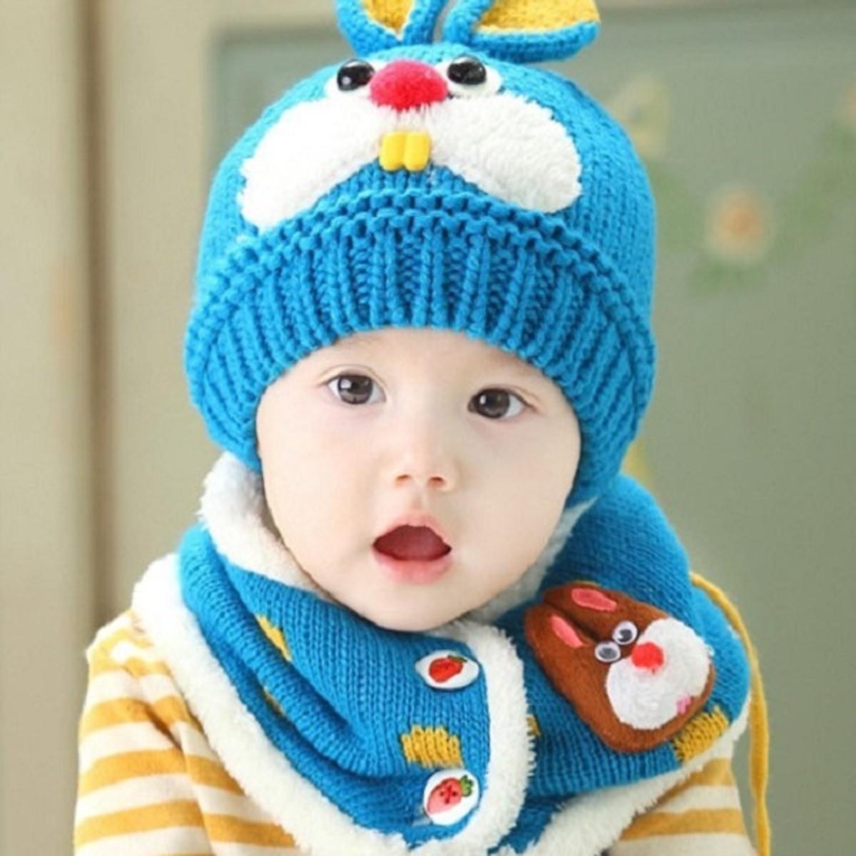 Bộ mũ khăn len lót lông răng thỏ