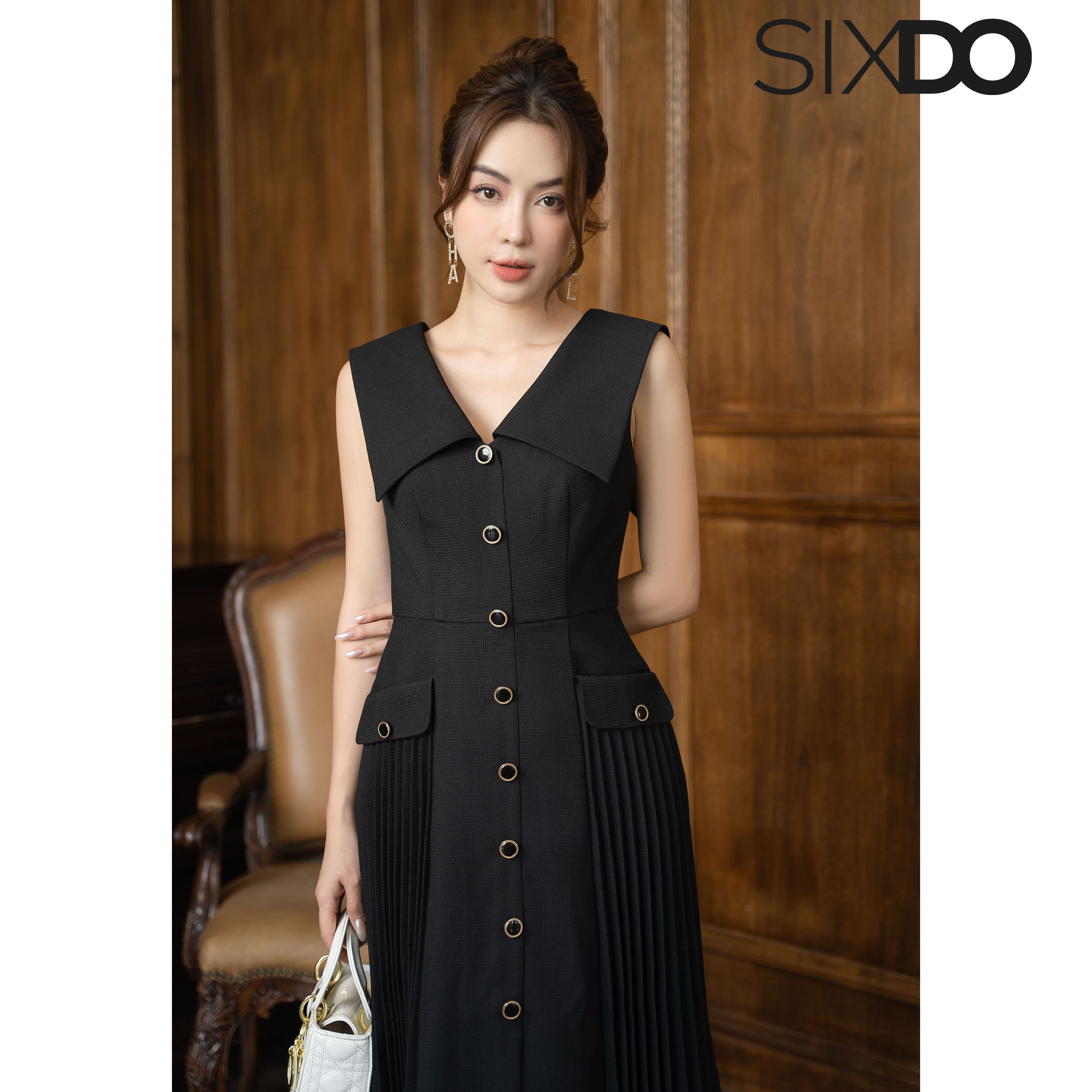 Đầm đen sát nách cổ V SIXDO (Black Chelsea Collar Midi Raw Dress)